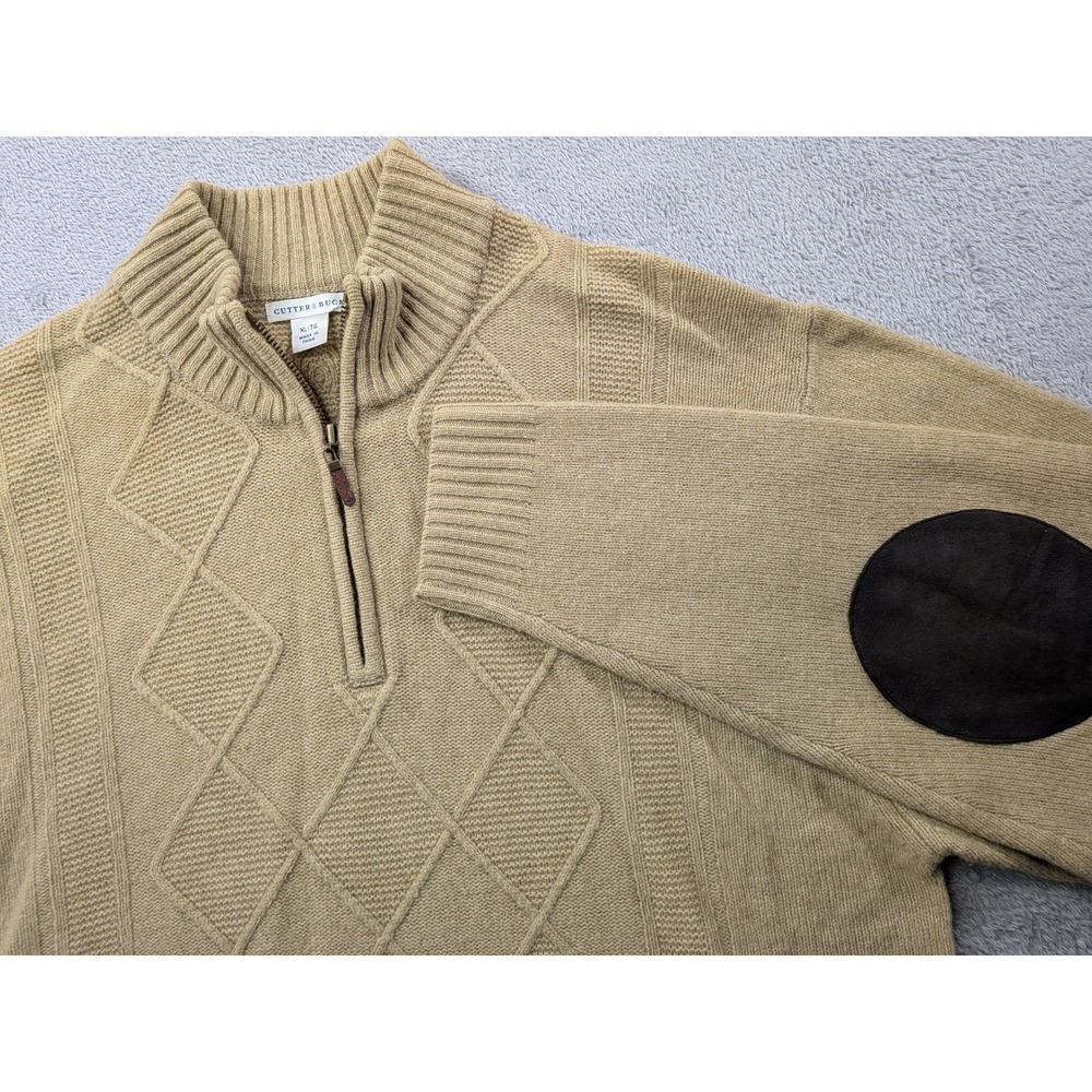 Cutter & Buck Mens XL Lambswool Quarter Zip Sweater Tan Diamond Knit Elbow Patch